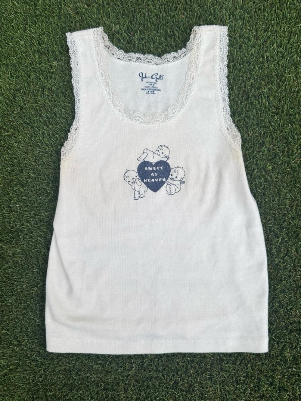 Brandy Melville White Lace-Trim Tank with Navy 'Sweet as Heaven' Graphic